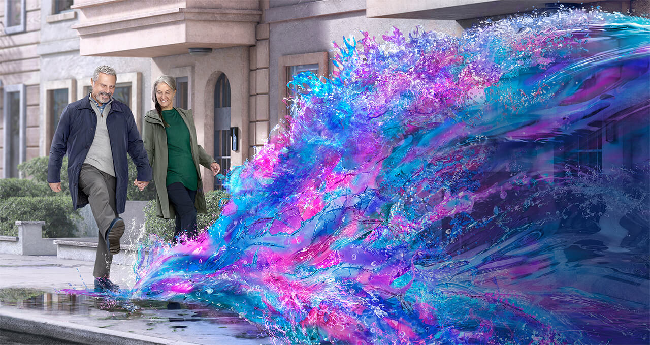 Old couple smiling waling hand in hand